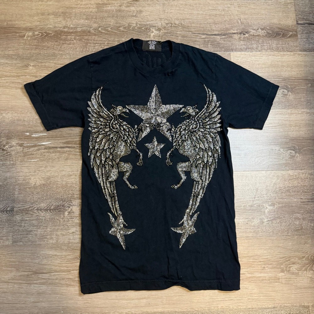 Rawyalty Couture Mens Black Rhinestone Griffin Star Y2K Shirt Size S Made in USA